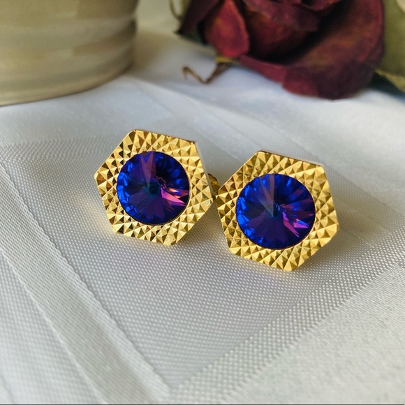 Vintage Woodsonia Hong Kong purple rivoli stone gold tone cufflinks. - Picture 4 of 8